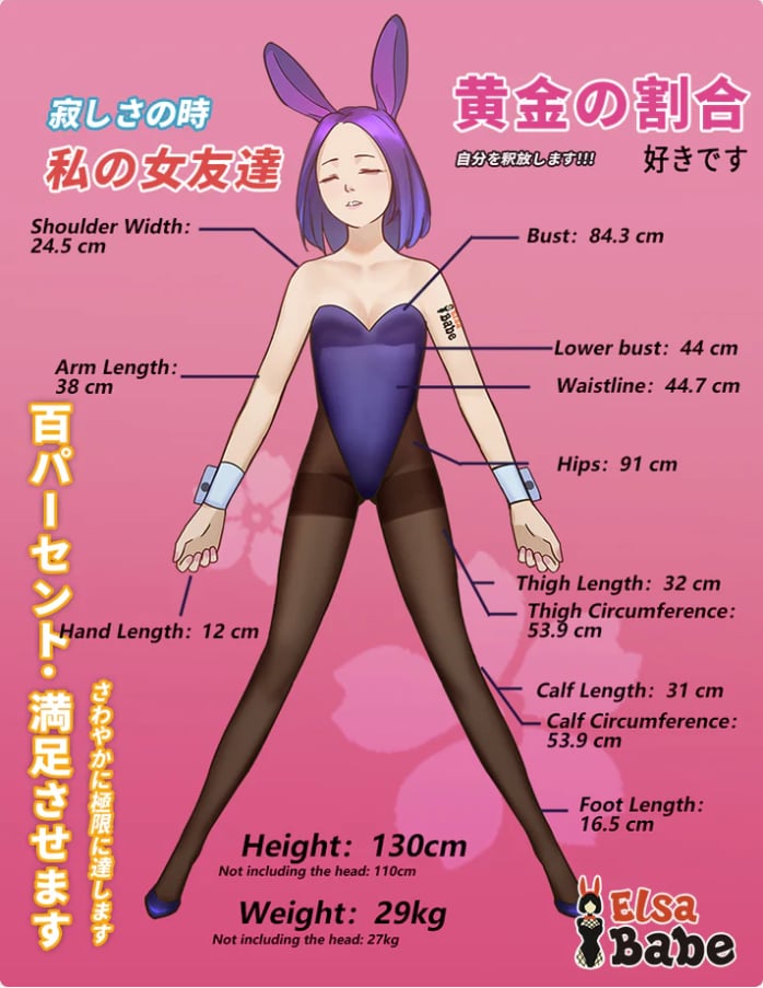 Elsa Babe Molly 130 cm seksnukk - keha mõõtmise tabel J-kõveratega, rinnaümbermõõt 84,3 cm ja kogukaal 29 kg